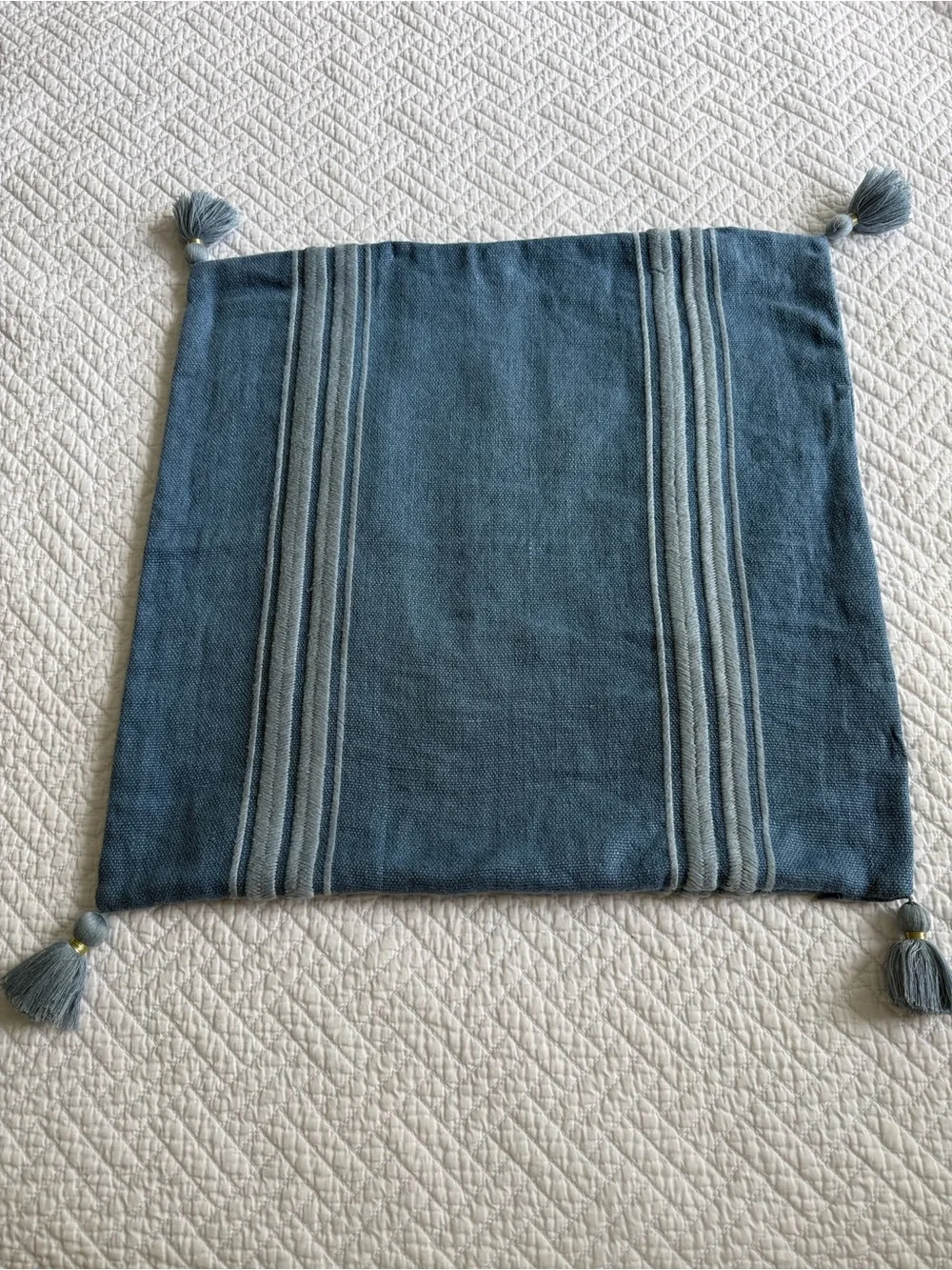 Serena & Lily Addie Harbor Blue Stripe Tassel Accent Pillow 22 x 22
